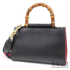 Gucci Nymphaea Leather Top Handle Bag Bamboo Black Tote Handbag